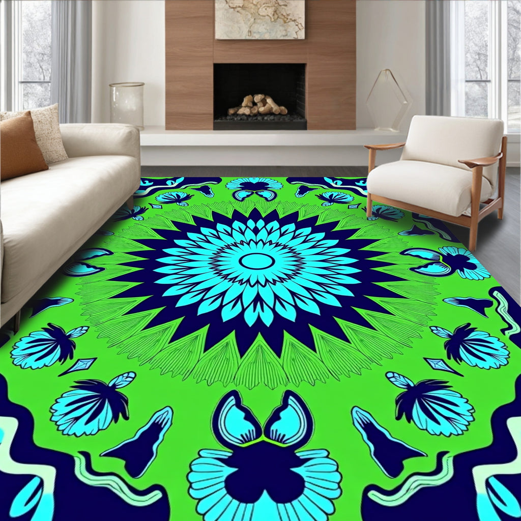 Vibrant Blue Green Floral Mandala Rug
