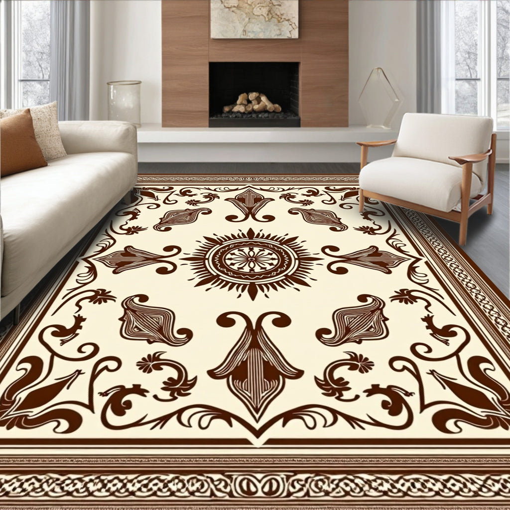 Brown Cream Damask Floral Medallion Rug