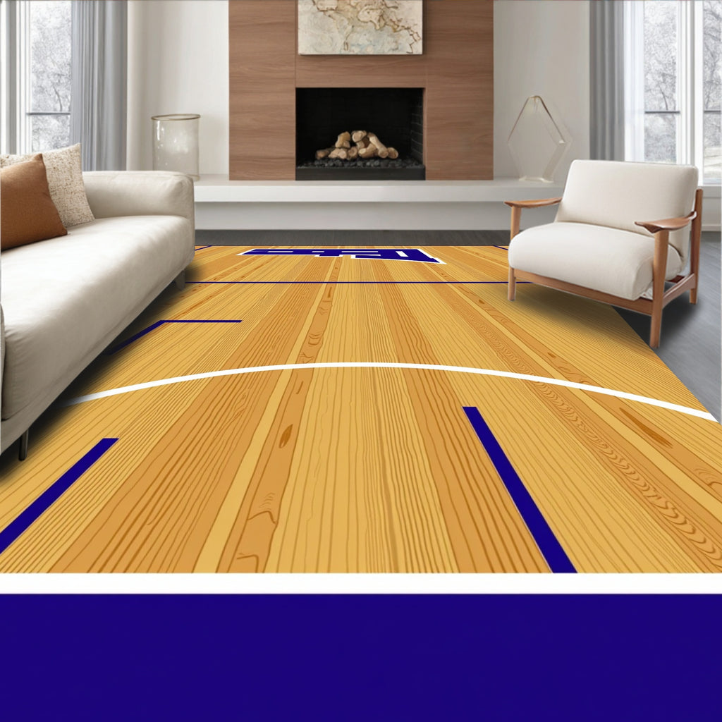 Natural Wood Grain Blue Court Lines Rug