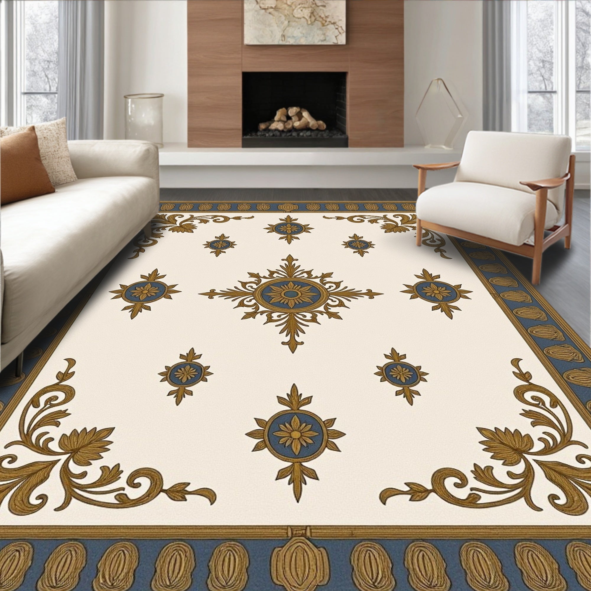Classic Gold Blue Floral Medallion Rug