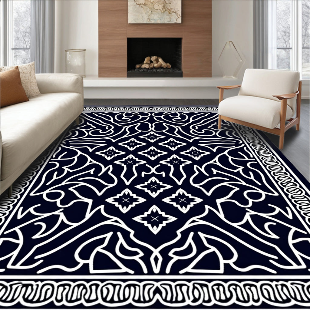 Dark Blue White Floral Medallion Mandala Rug