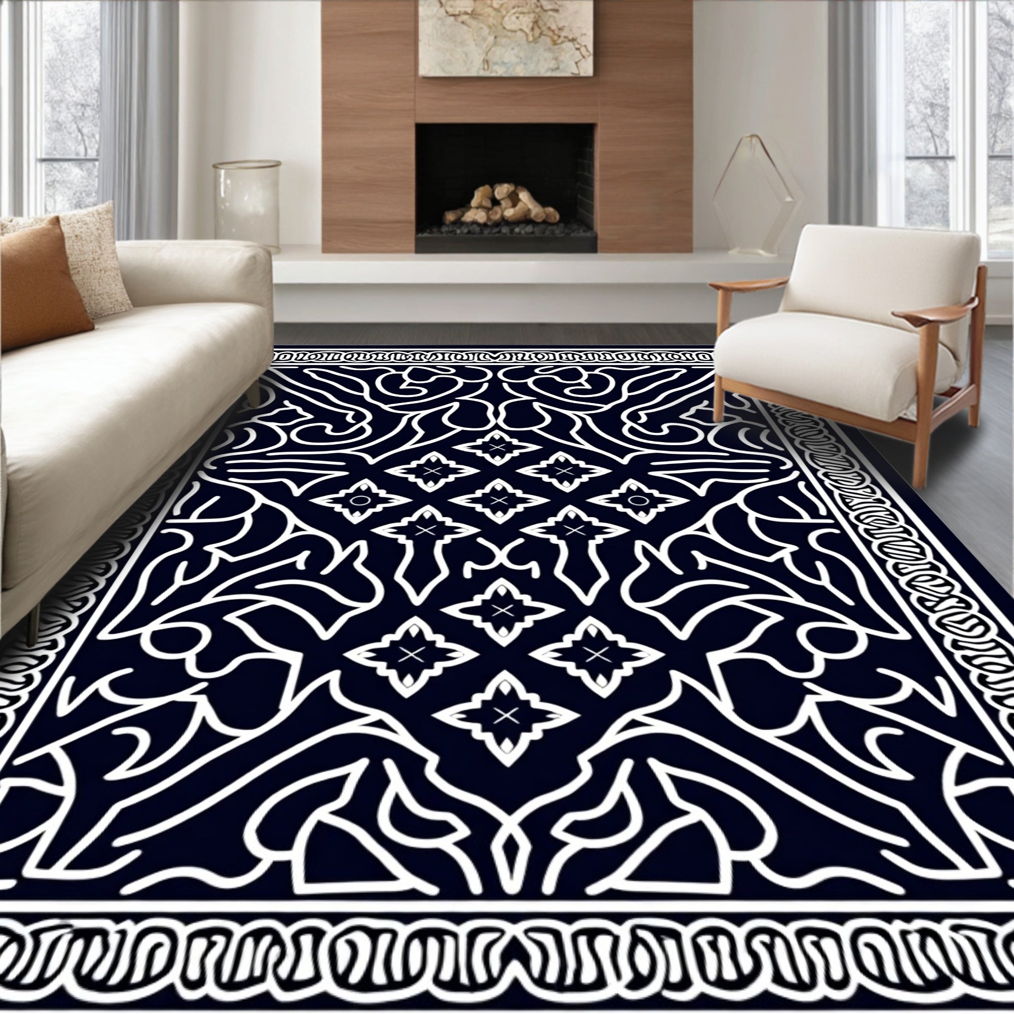 Dark Blue White Floral Medallion Mandala Rug