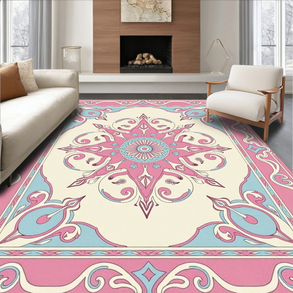 Pink And Blue Floral Medallion Rug