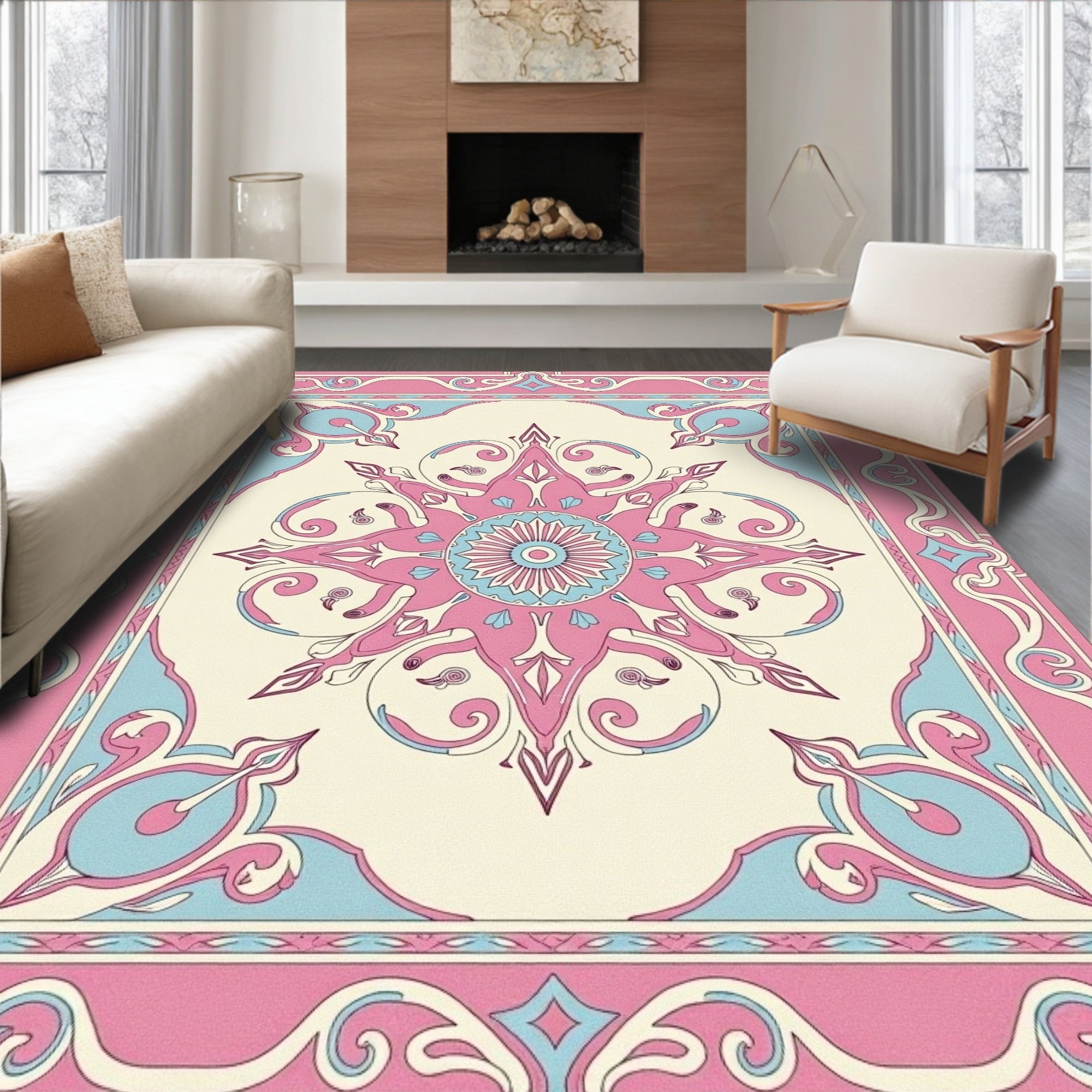 Pink And Blue Floral Medallion Rug