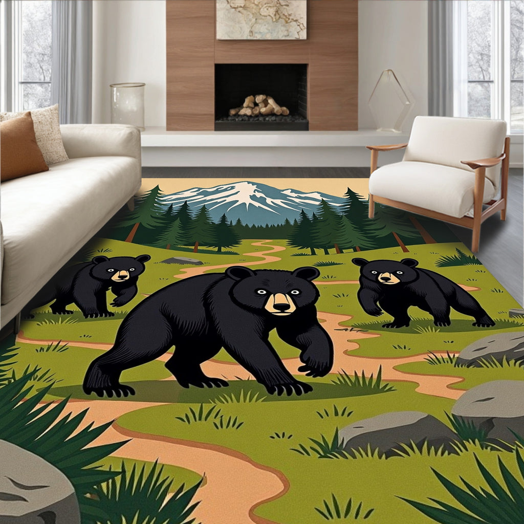Woodland Bear Family Snowy Mountain Scene Rug