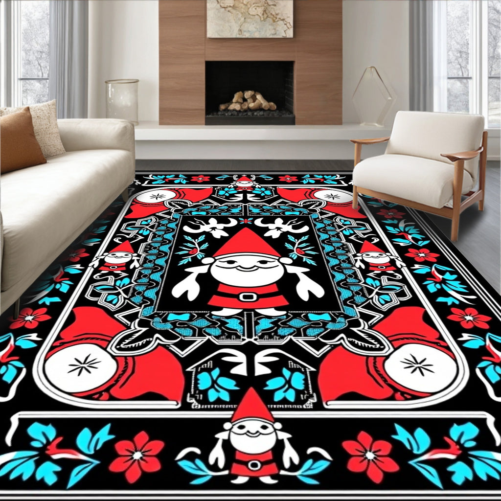 Whimsical Gnome Red Aqua Floral Border Rug