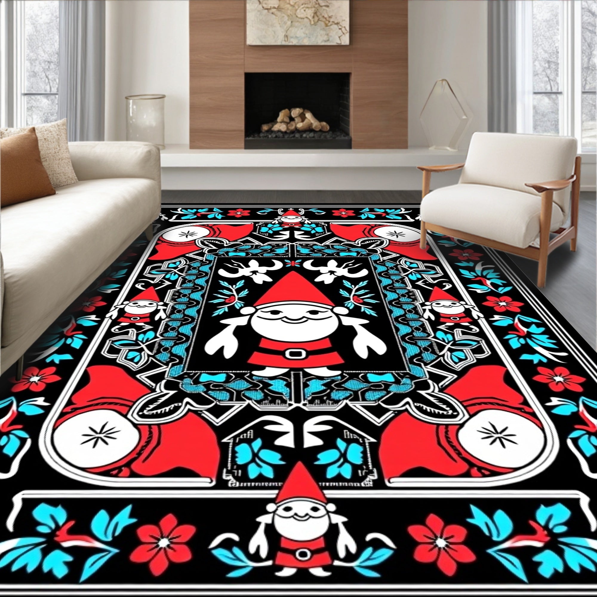 Whimsical Gnome Red Aqua Floral Border Rug