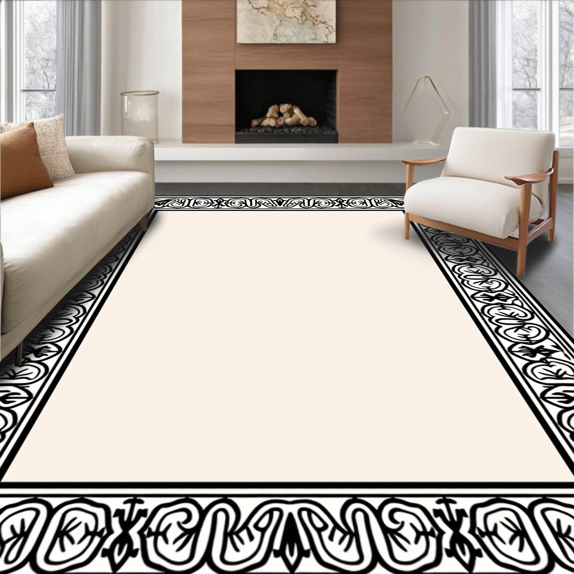 Classic Black Ivory Scroll Border Rug