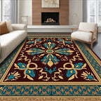 Deep Burgundy Teal Gold Floral Scroll Rug