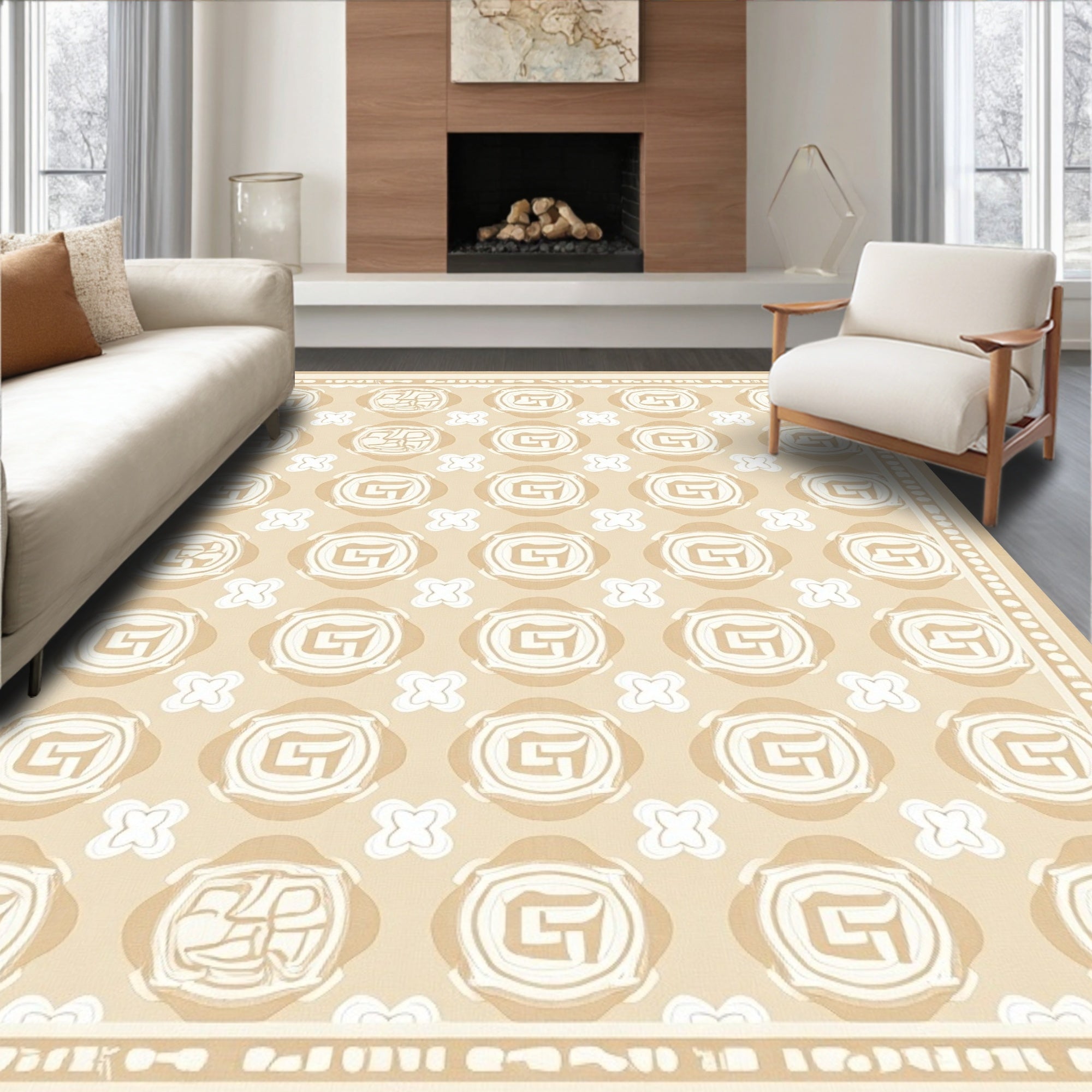 Cream Retro Circular Medallion Rug