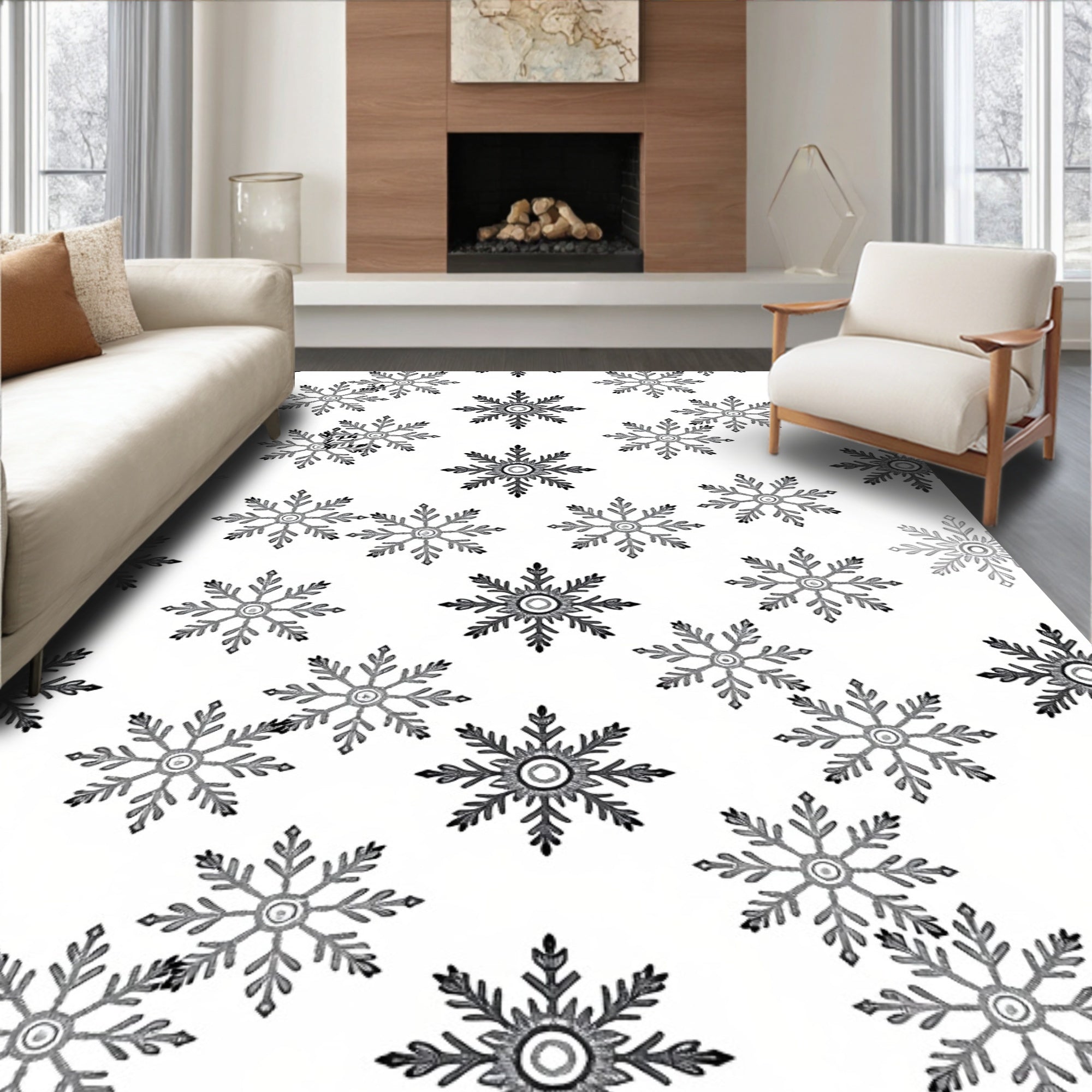 Black White Snowflake Repeat Rug