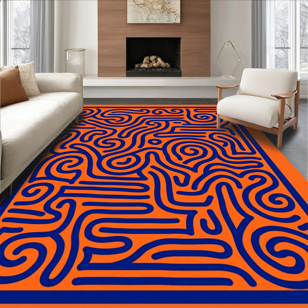 Vibrant Orange Blue Abstract Maze Rug
