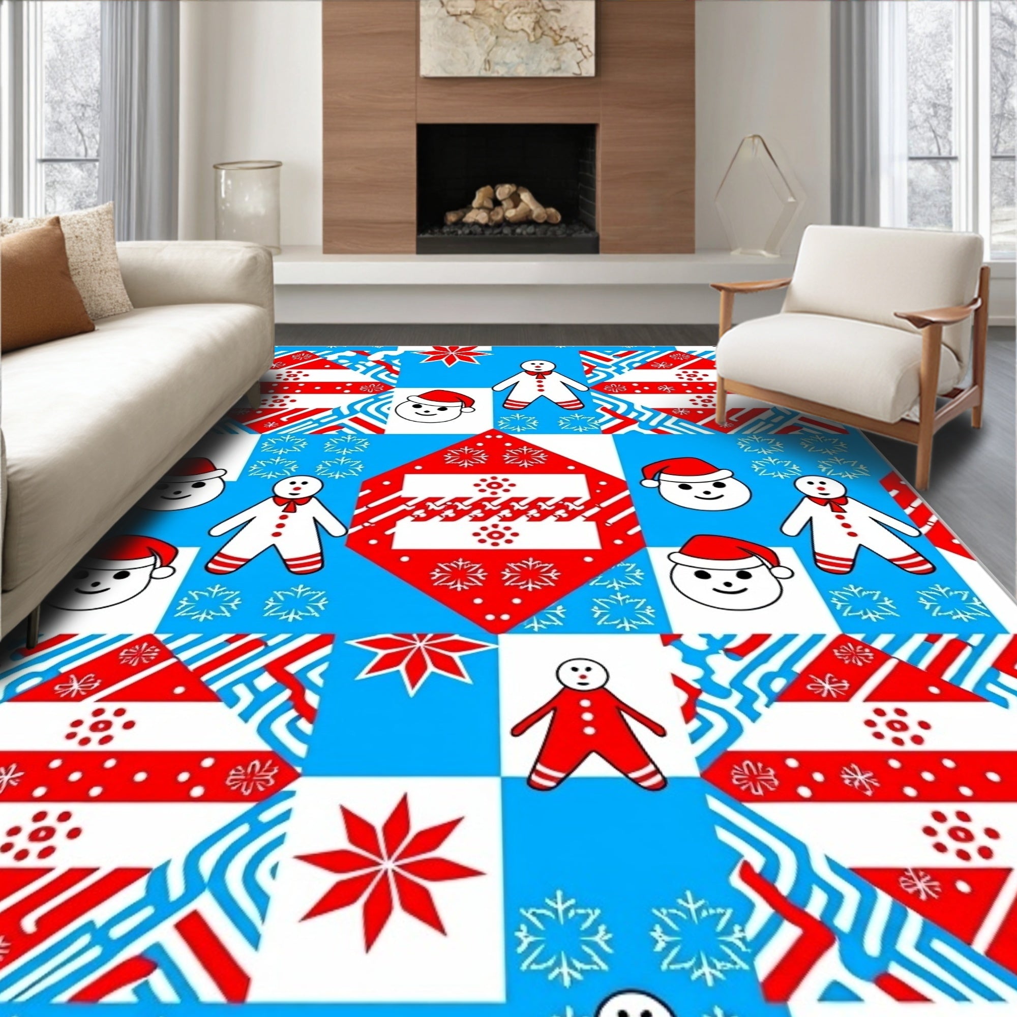 Festive Red Blue Gingerbread Snowman Characters Rug