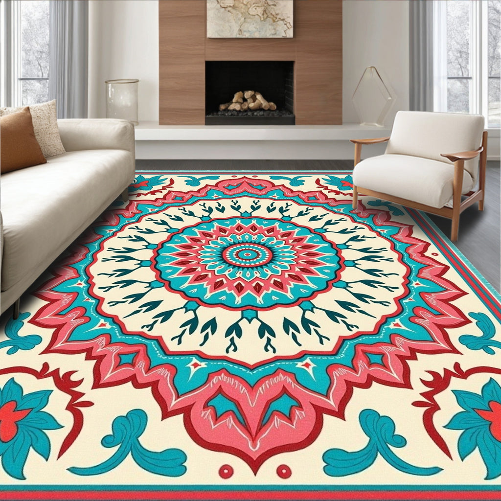 Radiant Coral Teal Floral Mandala Rug