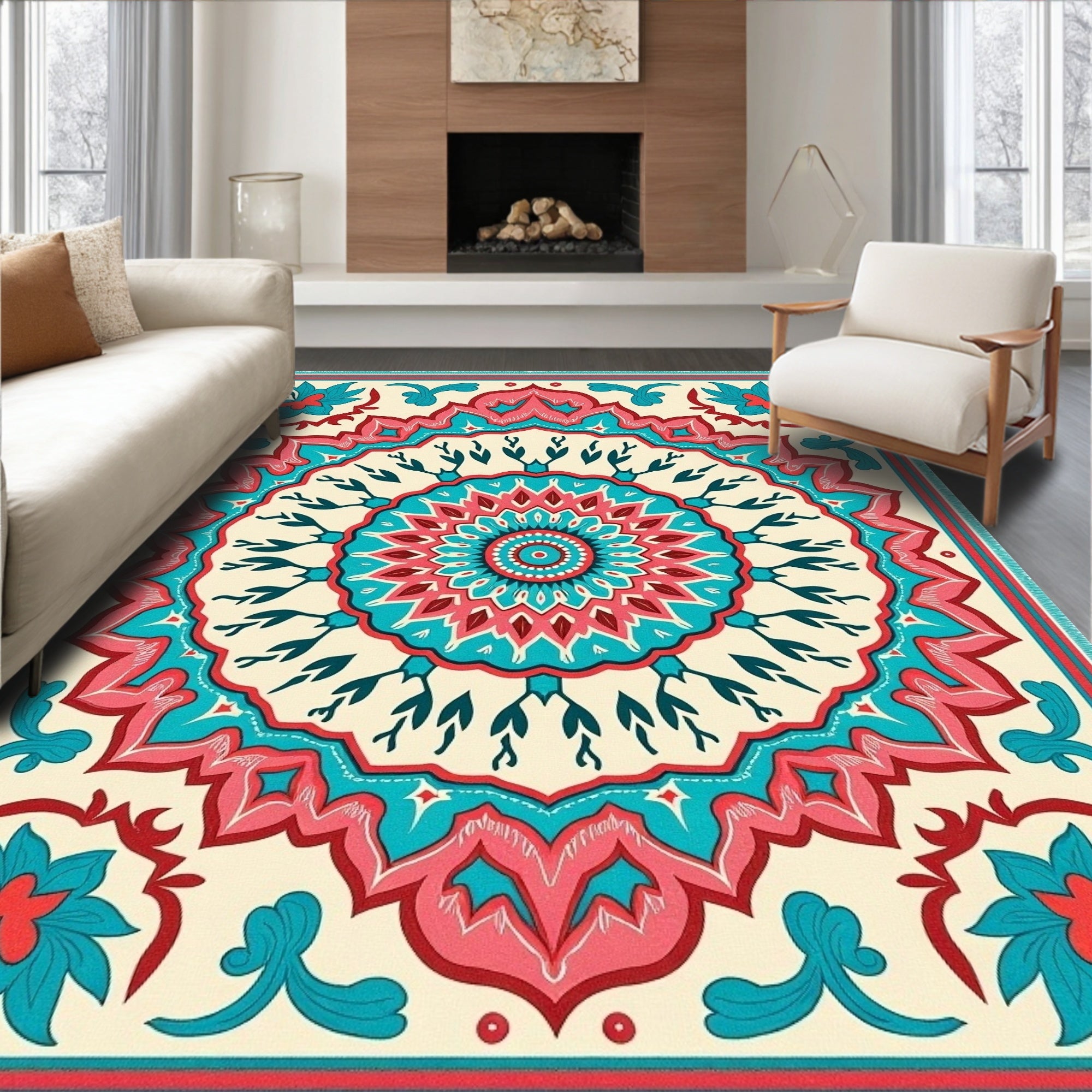 Radiant Coral Teal Floral Mandala Rug