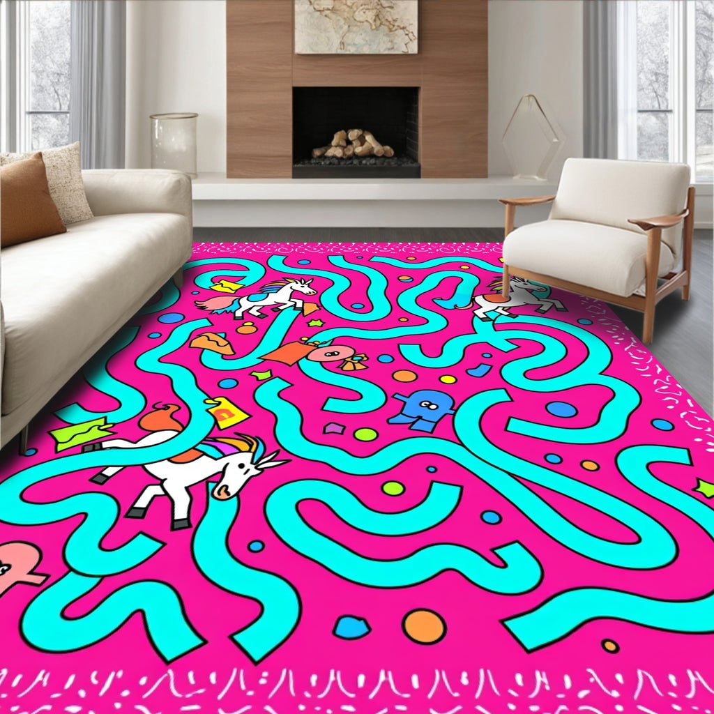 Pink Unicorn Maze With Whimsical Creatures Rug