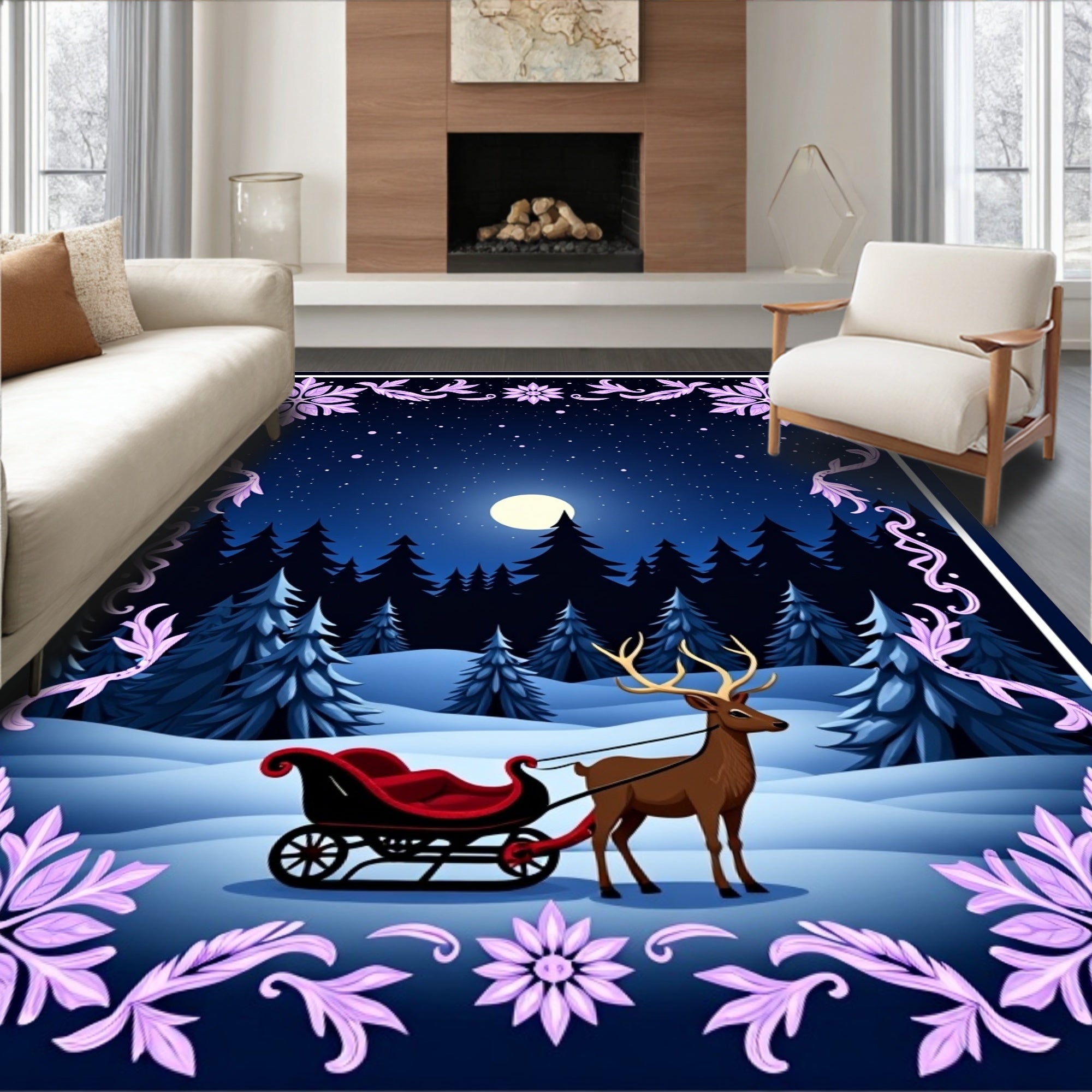 Winter Night Deer Sleigh Serene Landscape Rug