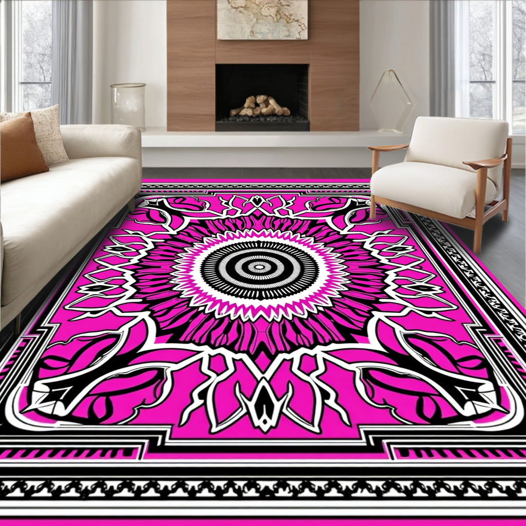 Bold Pink Black White Floral Medallion Rug