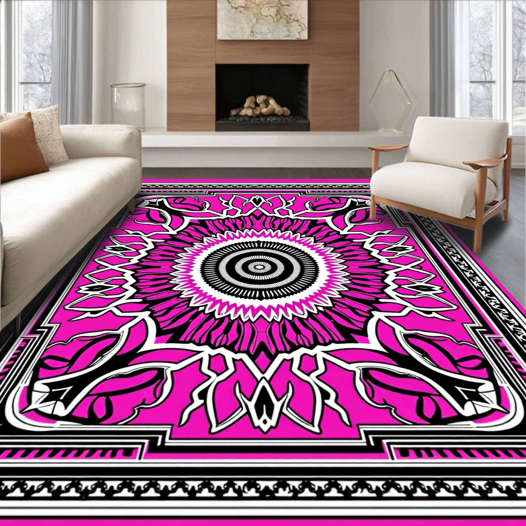 Bold Pink Black White Floral Medallion Rug