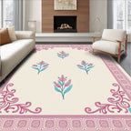 Pink Floral Scroll Cream Border Rug