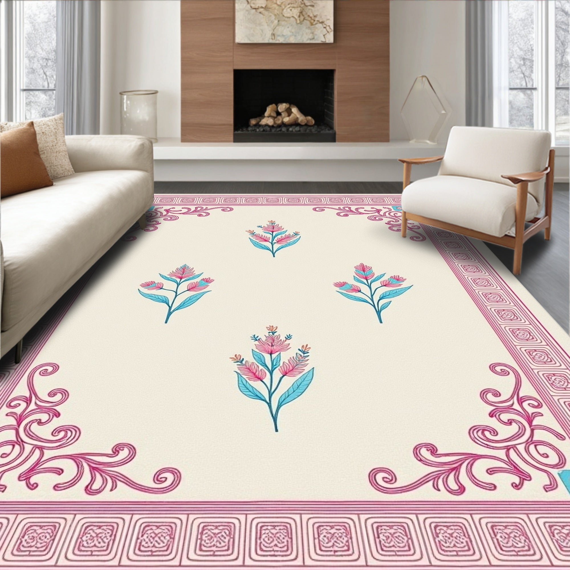Pink Floral Scroll Cream Border Rug