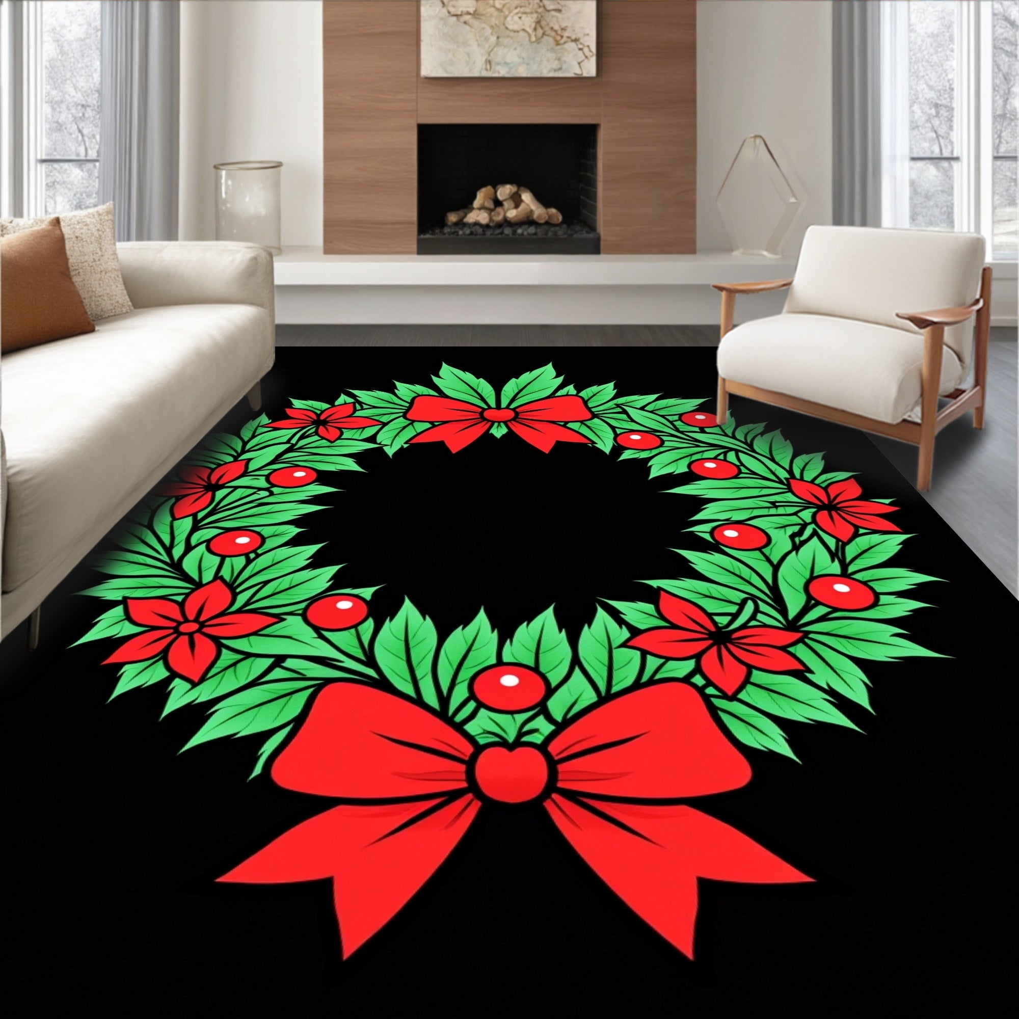 Red Bow Green Leaf Festive Wreath Rug
