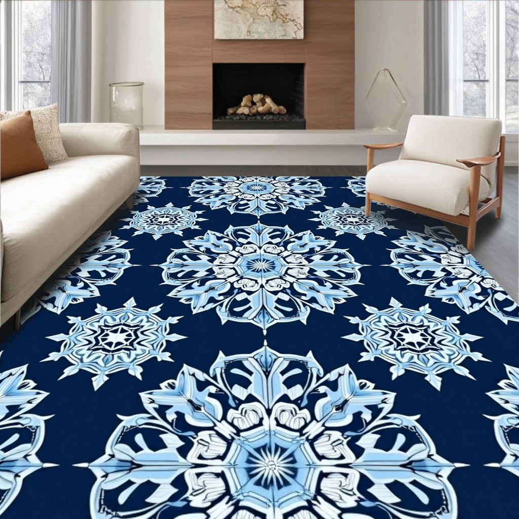 Navy Blue White Snowflake Medallion Rug