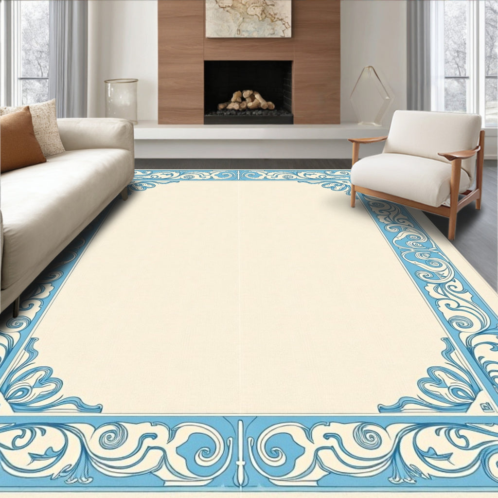 Light Blue Cream Scrollwork Border Rug