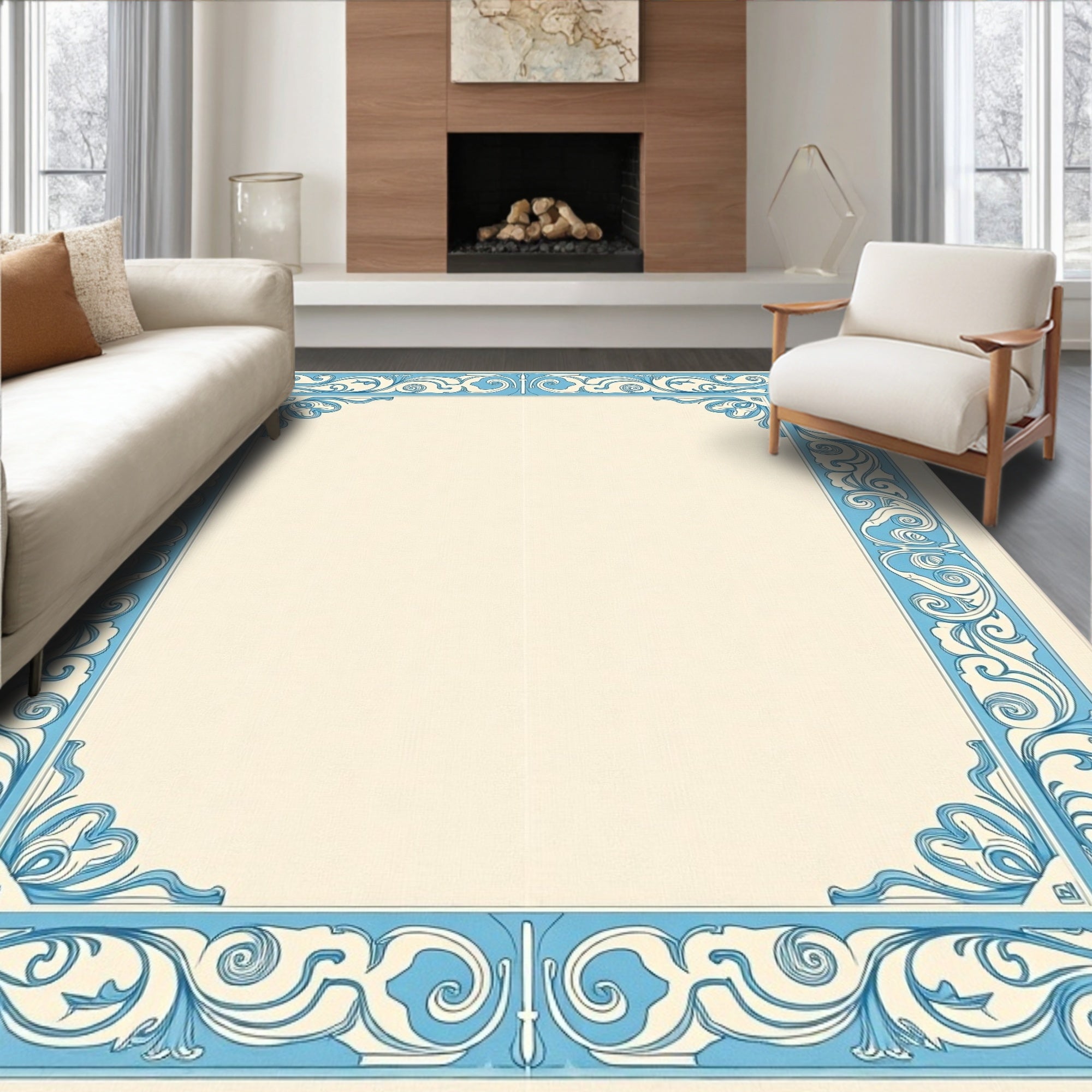 Light Blue Cream Scrollwork Border Rug