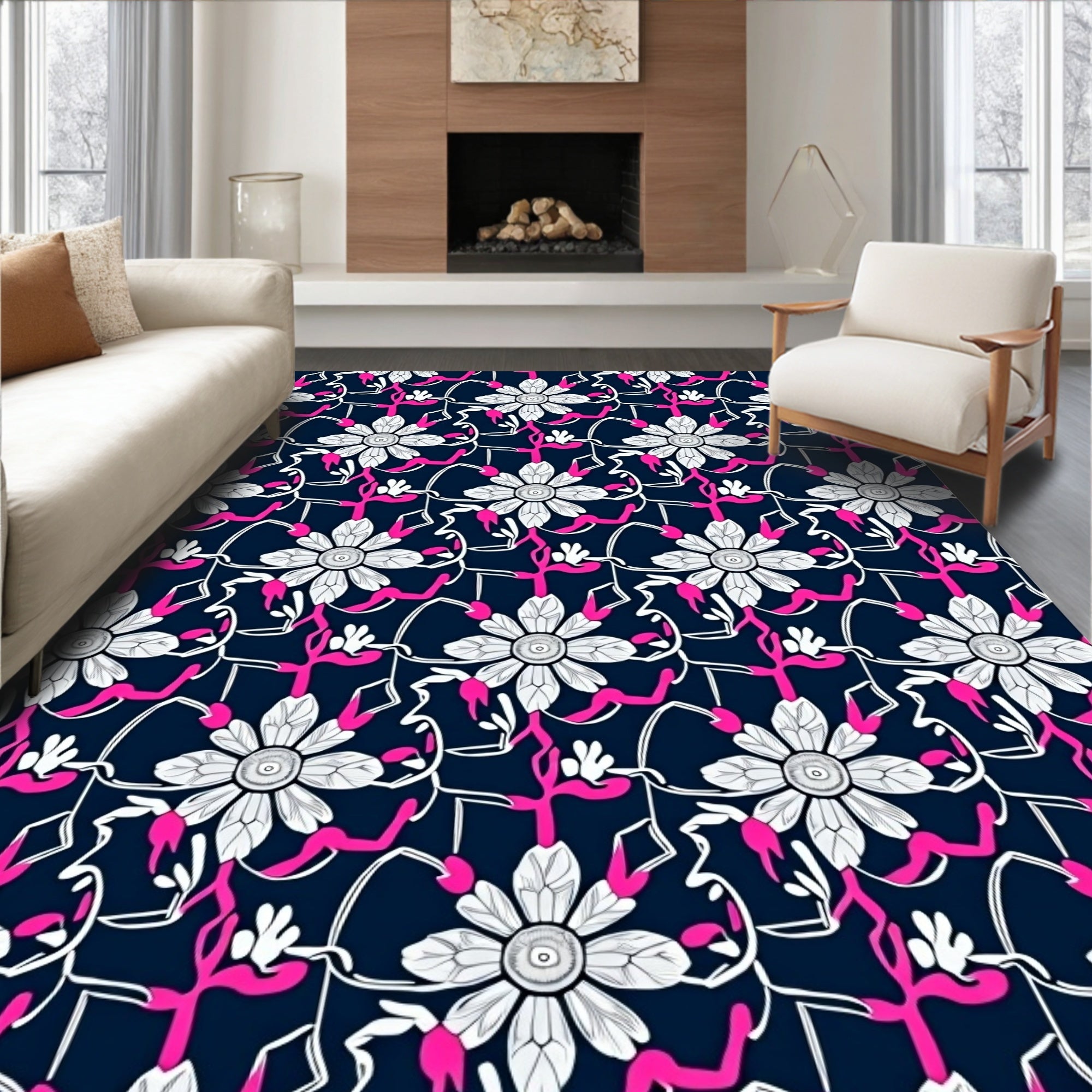 White Floral Navy Swirl Medallion Rug