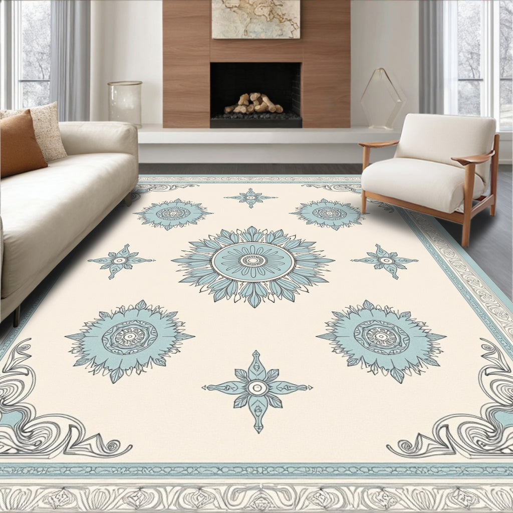 Soft Blue Medallion Cornered Cream Rug