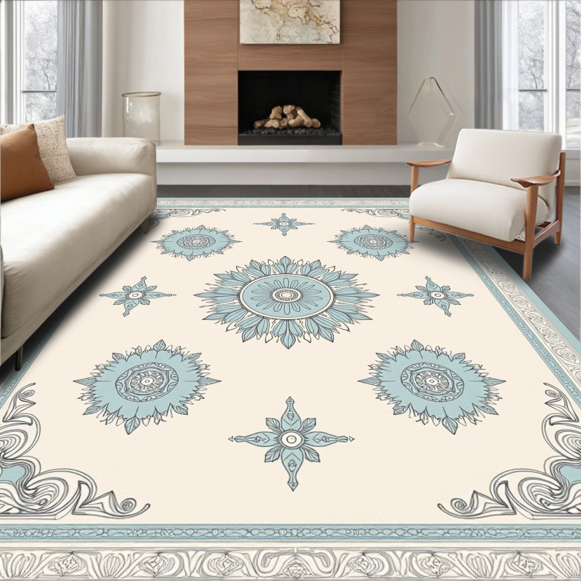 Soft Blue Medallion Cornered Cream Rug