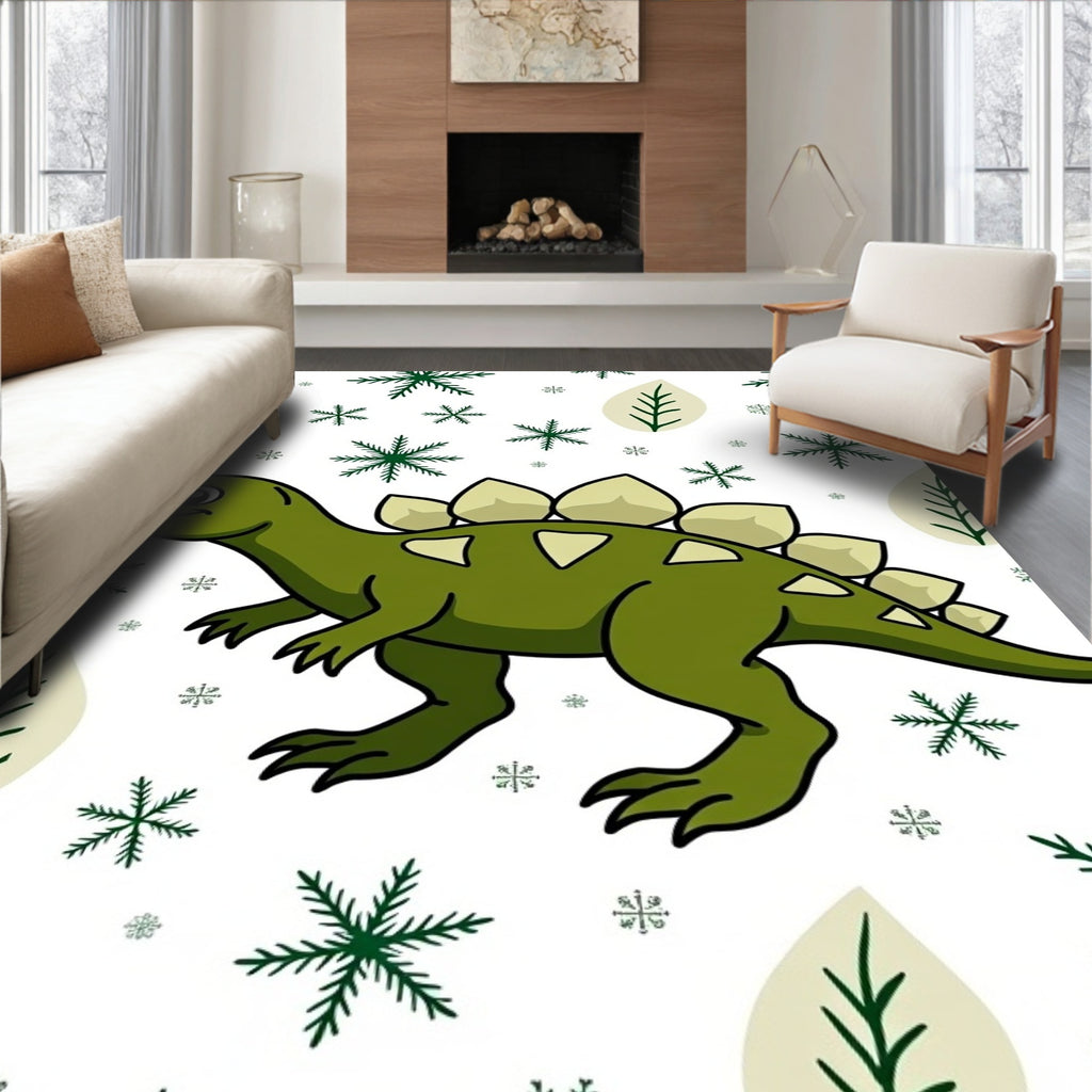 Green Stegosaurus and Snowflakes Rug