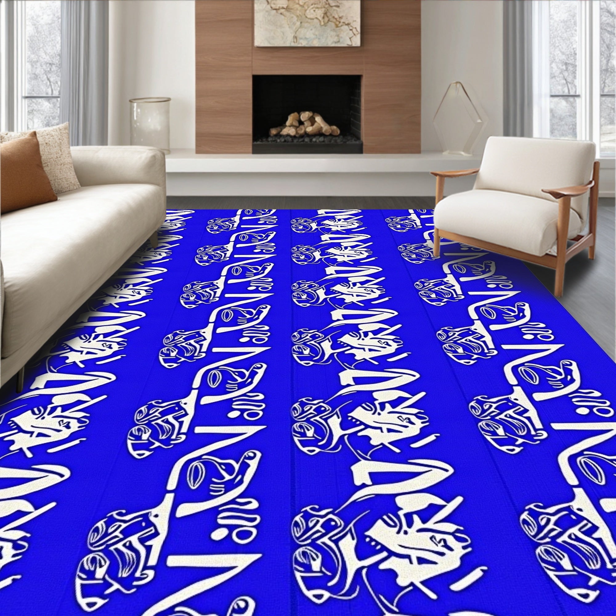 Bold Abstract Blue White Figure Repeats Rug