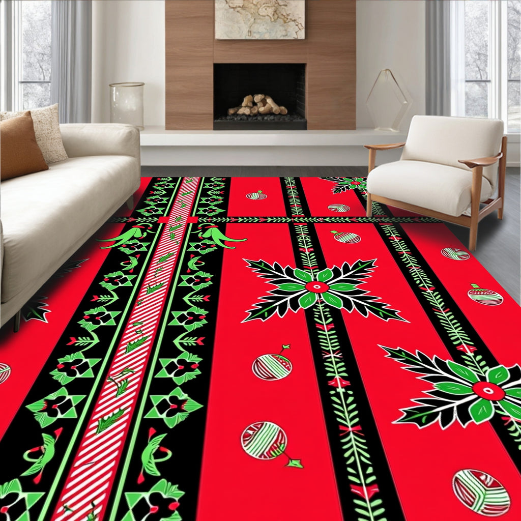Red Black Green Ornate Festive Ornaments Rug