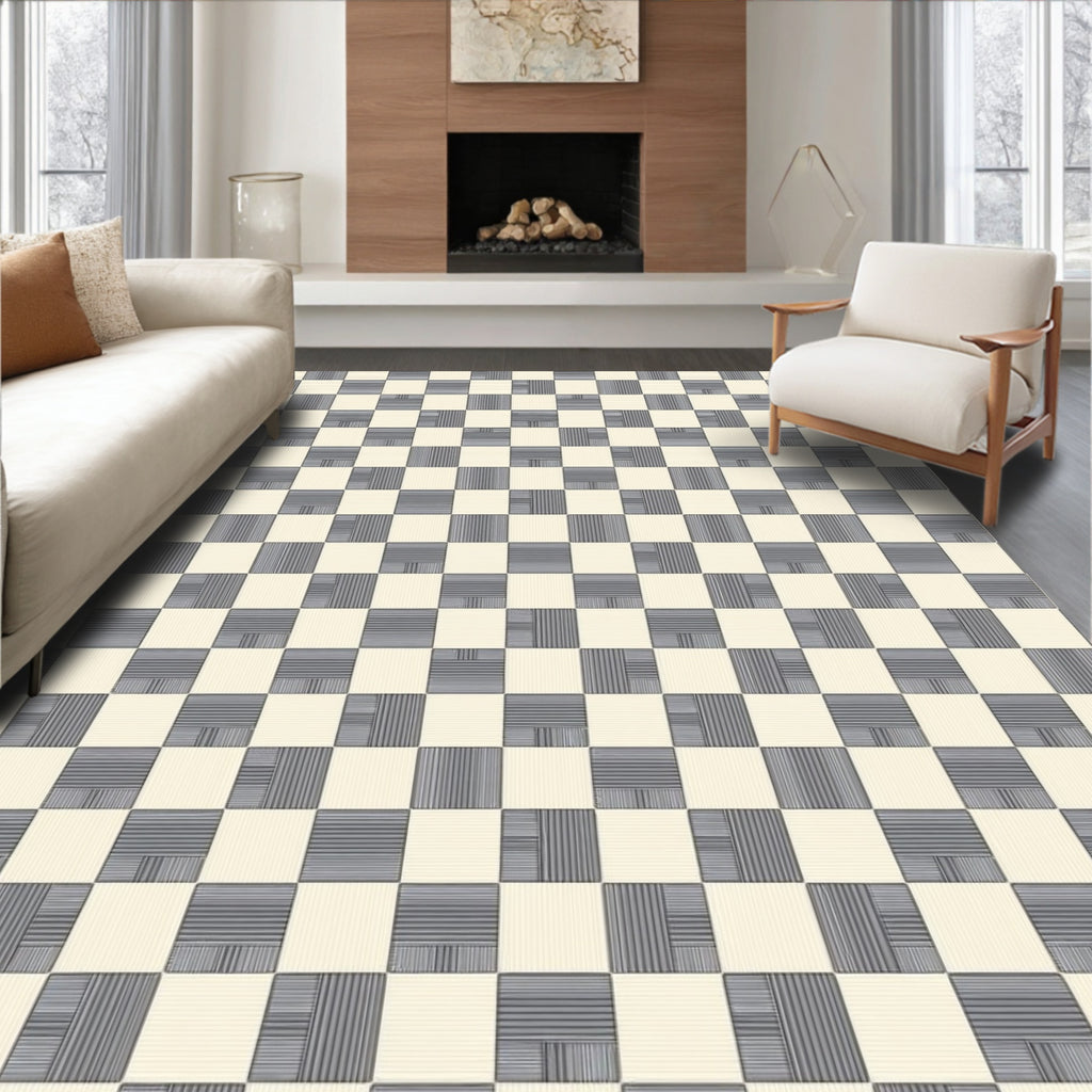 Checkerboard Ivory Gray Line Work Rug