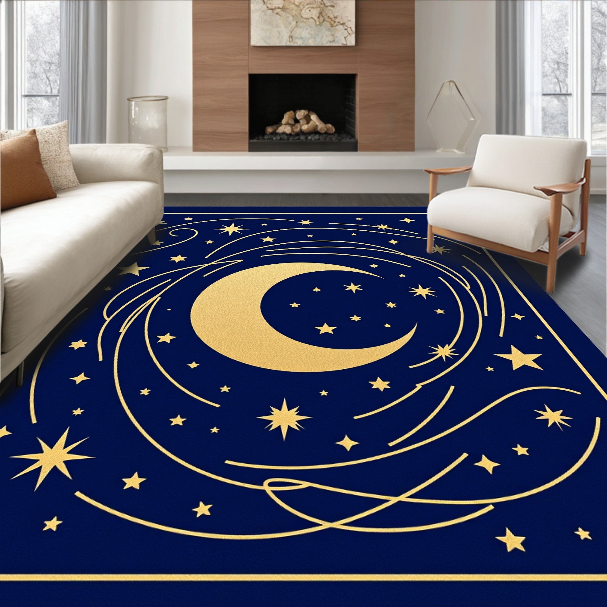 Golden Moon And Stars Swirl Rug