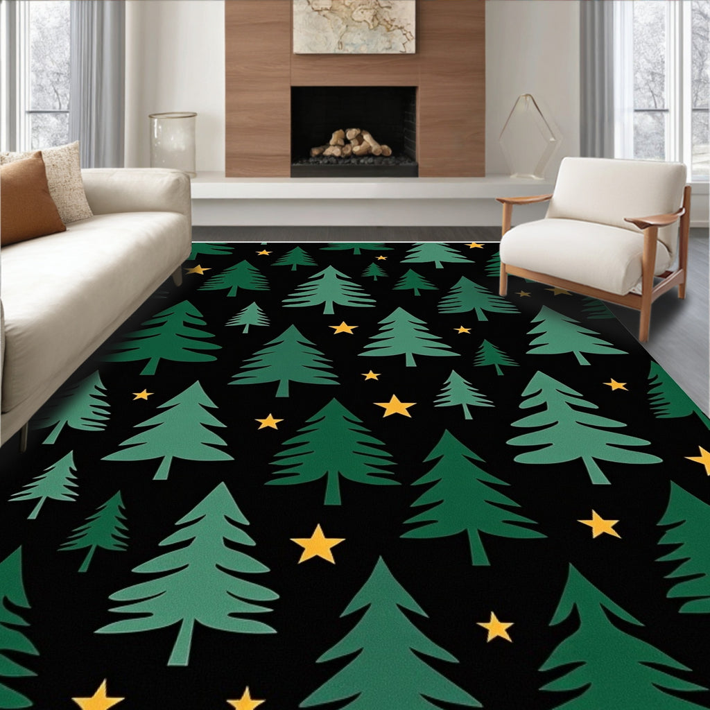 Forest Christmas Trees Gold Stars Rug