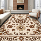 Earthy Brown Floral Medallion Border Rug