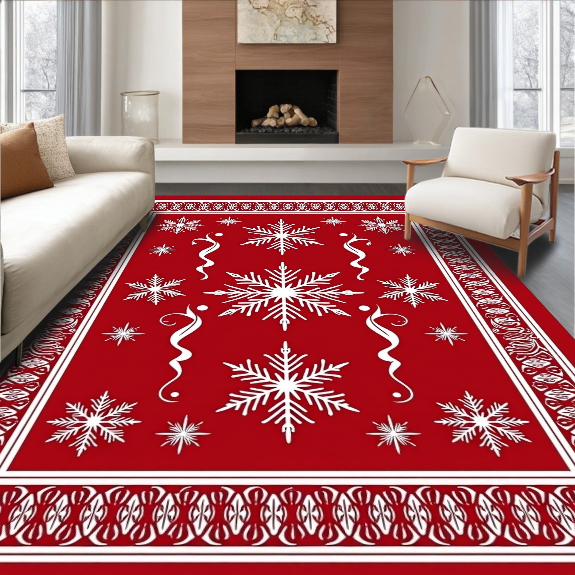 Red White Snowflake Winter Border Rug