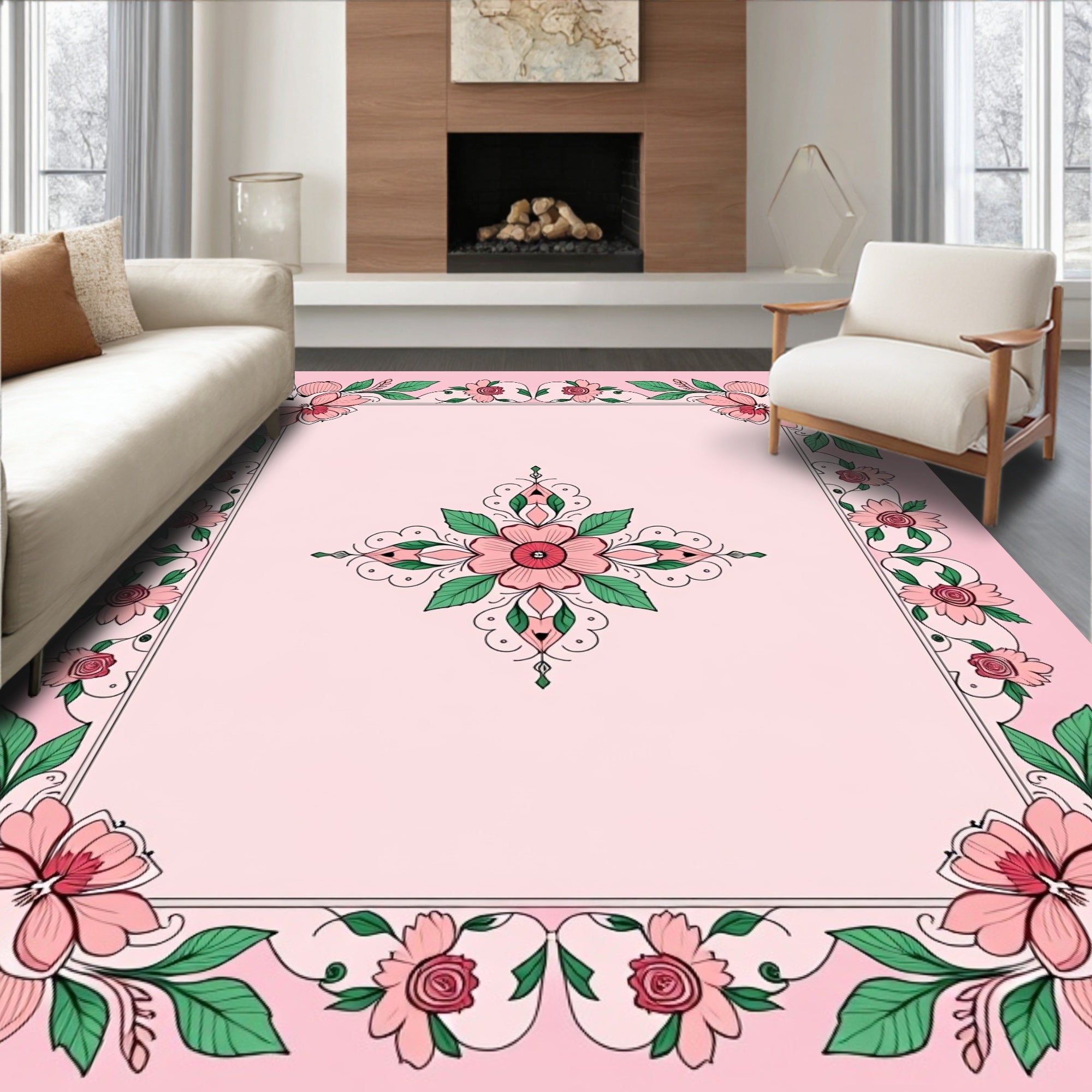 Charming Pink Floral Medallion Border Rug