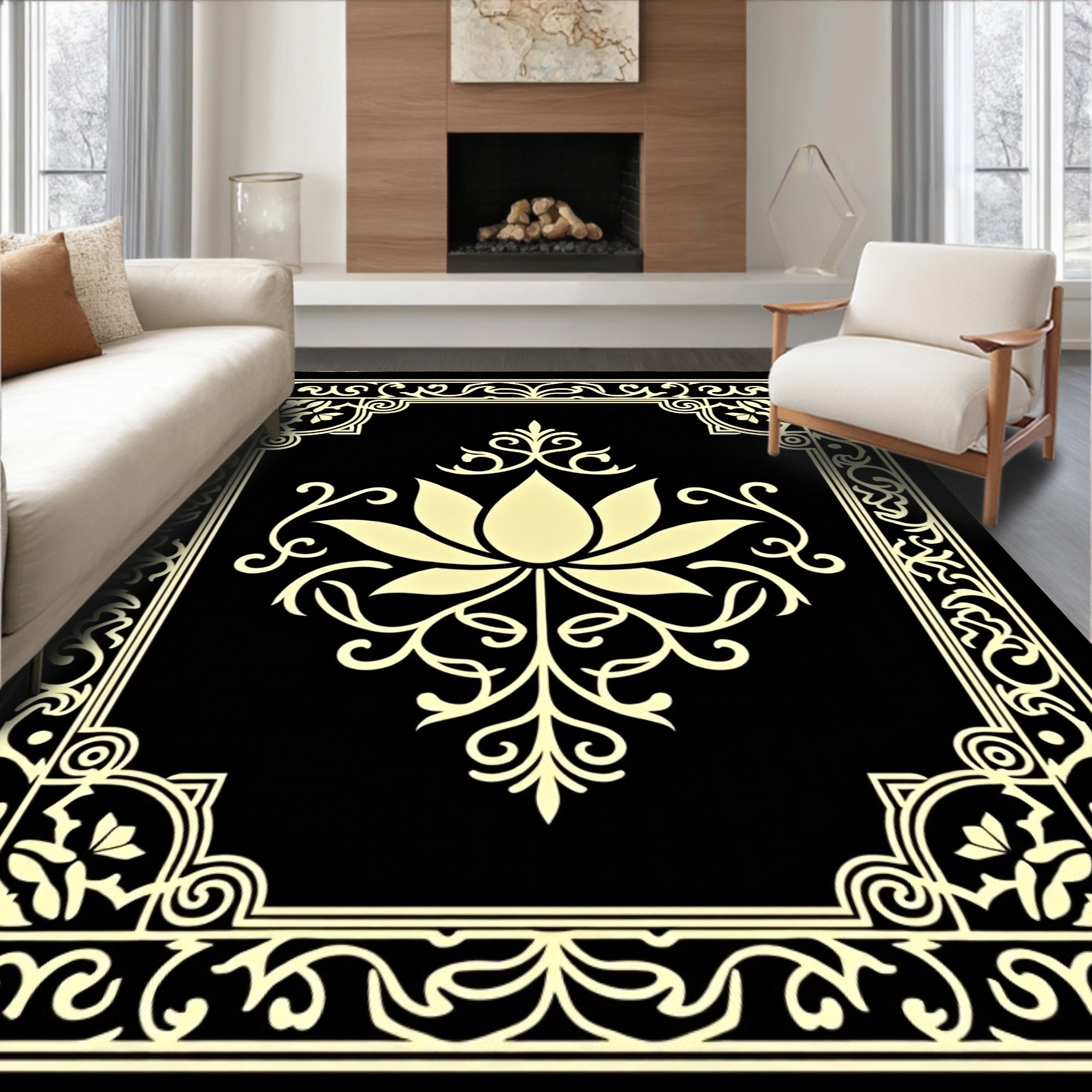 Black Golden Lotus Floral Frame Rug