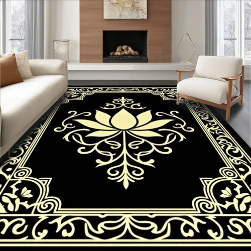 Black Golden Lotus Floral Frame Rug