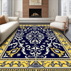 Ornate Navy Blue Golden Floral Rug