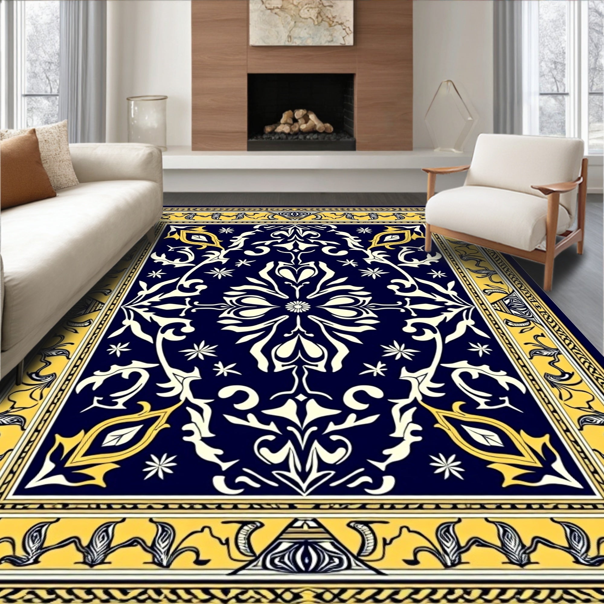 Ornate Navy Blue Golden Floral Rug