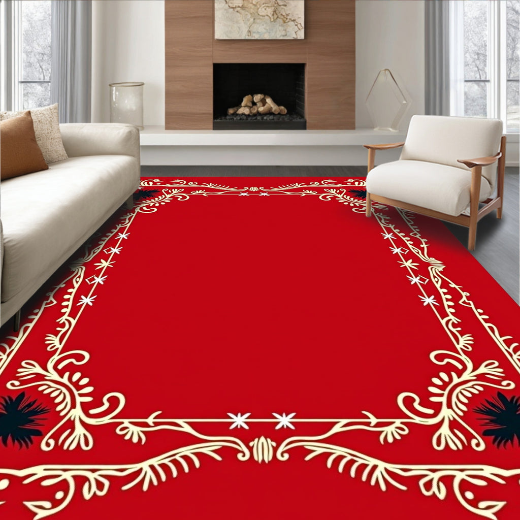 Crimson Floral Wreath Border Rug