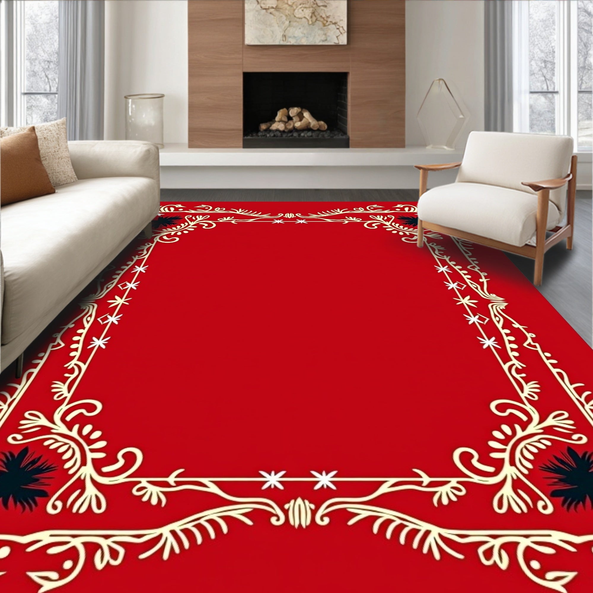 Crimson Floral Wreath Border Rug