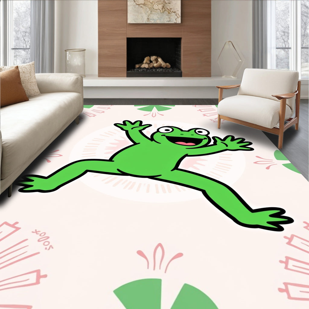 Jumping Green Frog Pink Floral Rug