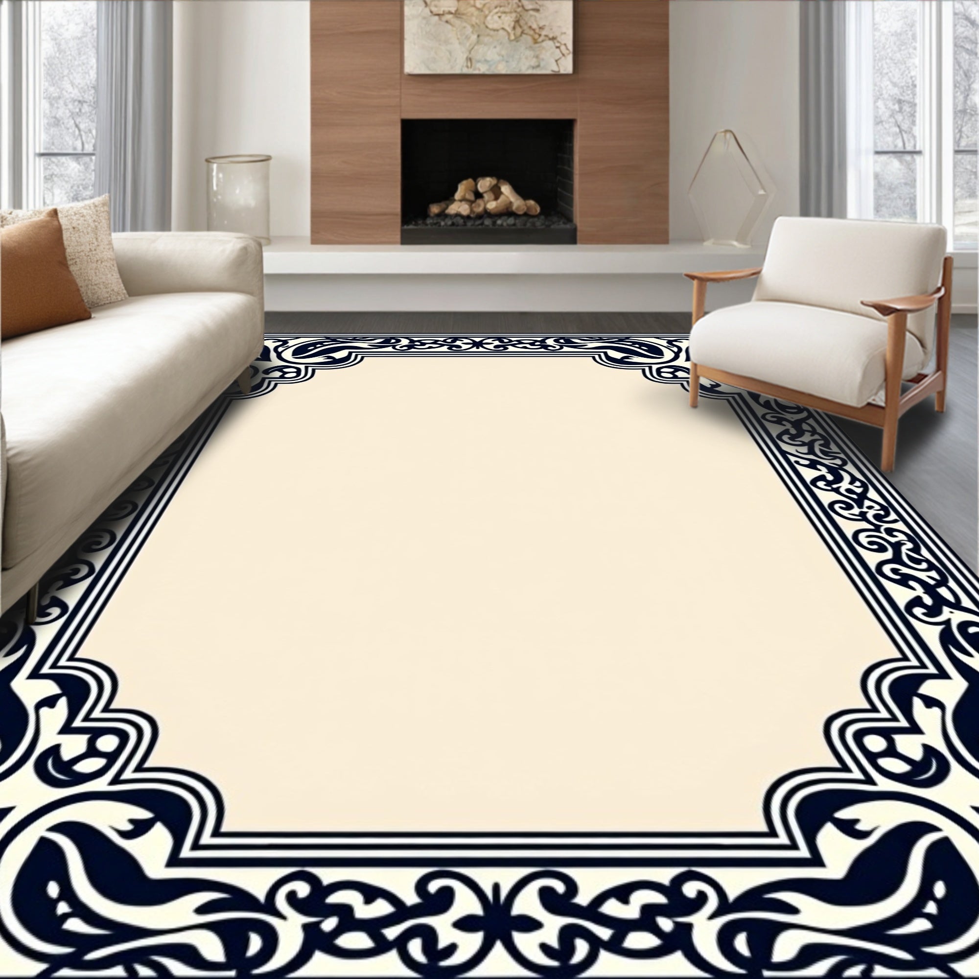 Ornate Navy Blossom Scroll Frame Rug