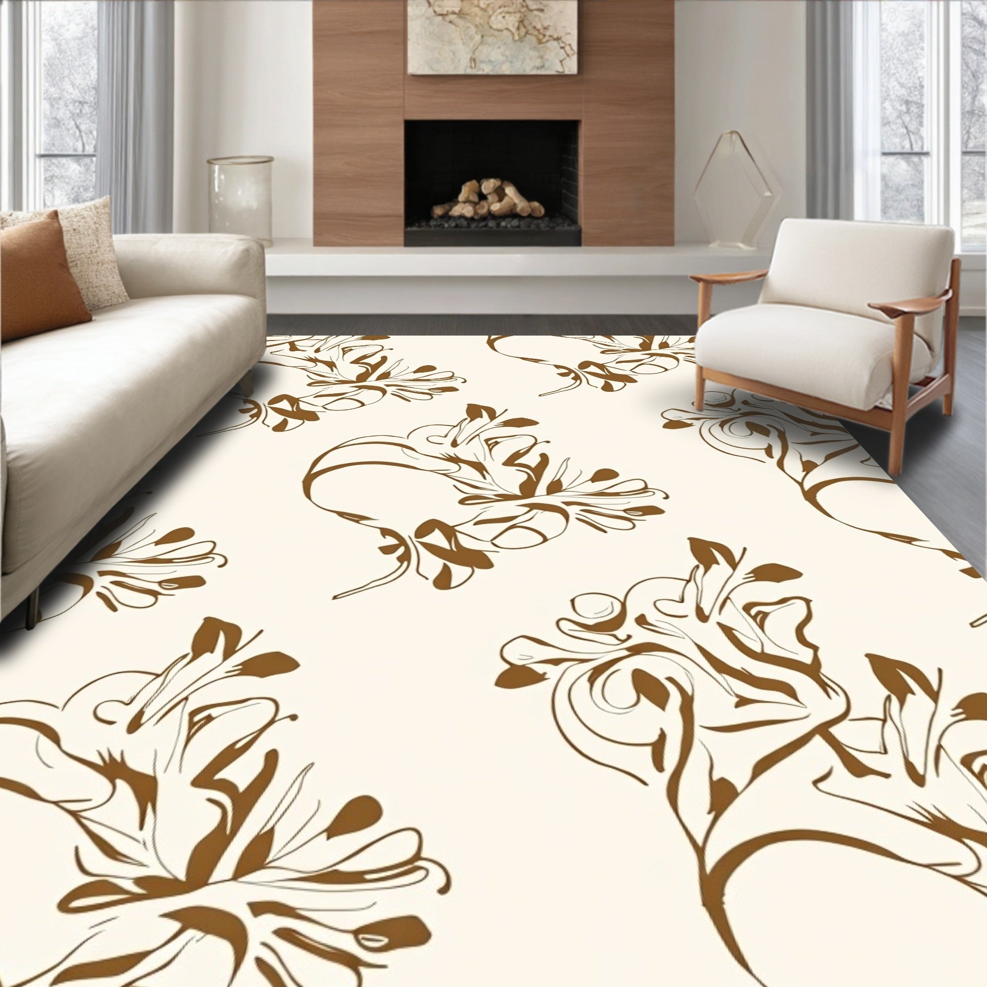 Brown Organic Abstract Floral Swirl Rug